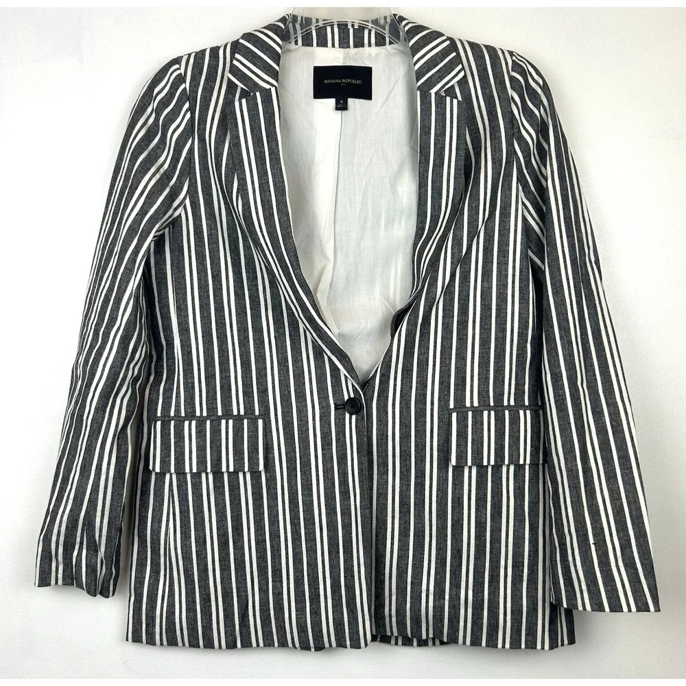 Banana Republic Linen Blazer Womens 6 Jacket Striped Nautical Preppy Beachy